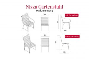 Maßzeichnung des witterungsbeständigen Nizza Gartenstuhls aus Edelstahl