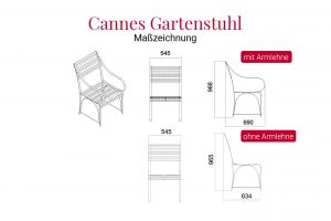 Maßzeichnung des witterungsbeständigen Cannes Gartenstuhls aus Edelstahl