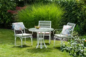 Schöner Edelstahl Gartentisch Cote dAzur mit runder Glasplatte und passenden Stühlen mit Auflagen