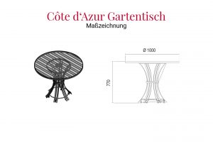 Maßzeichnung des witterungsbeständigen Côte d'Azur Gartentischs aus Edelstahl