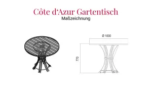Maßzeichnung des witterungsbeständigen Côte d'Azur Gartentischs aus Edelstahl