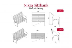 Maßzeichnung der witterungsbeständigen Nizza Gartenbank aus Edelstahl