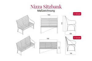 Maßzeichnung der witterungsbeständigen Nizza Gartenbank aus Edelstahl