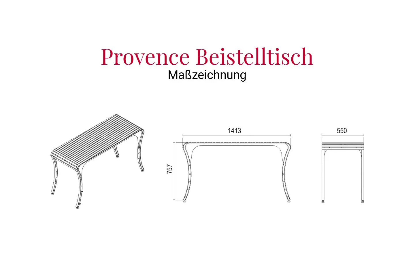 Maßzeichnung vom Provence Beistelltisch aus Edelstahl