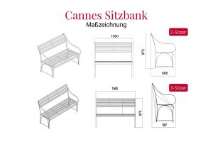 Maßzeichnung der witterungsbeständigen Edelstahl Gartenbank Cannes
