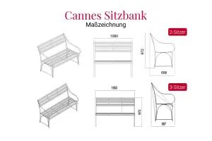Maßzeichnung der witterungsbeständigen Edelstahl Gartenbank Cannes
